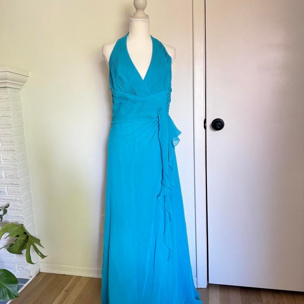 David's Bridal Blue maxi dress with ruffle detail